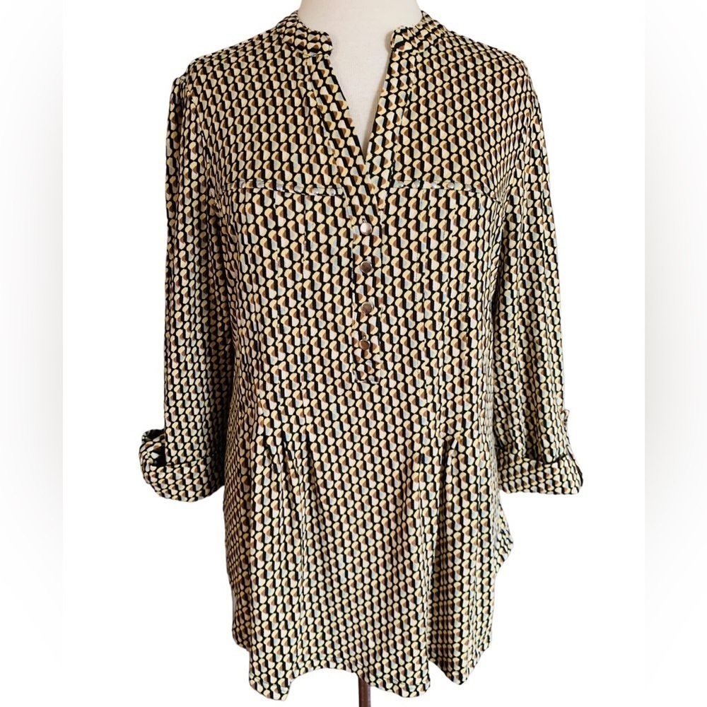 COCOMO 1X yellow brown poly spandex flannel 3/4 sleeve women’s Pintuck tuni…